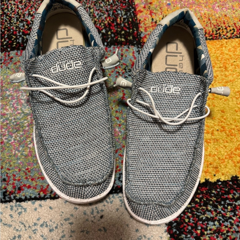 Like New Hey Dude Blue and White Slip-On Shoes